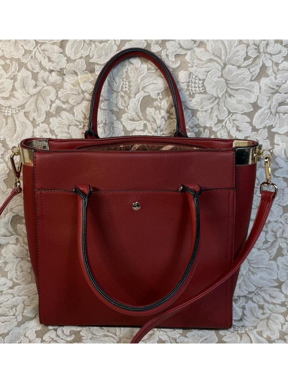 PURSE Red Faux Leather Tote Bag with Gold Accents